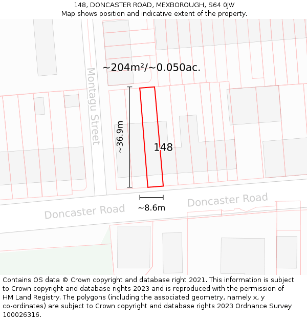 148, DONCASTER ROAD, MEXBOROUGH, S64 0JW: Plot and title map