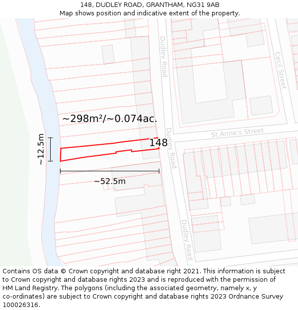 148, DUDLEY ROAD, GRANTHAM, NG31 9AB: Plot and title map