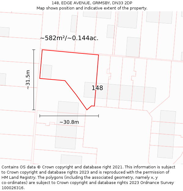 148, EDGE AVENUE, GRIMSBY, DN33 2DP: Plot and title map