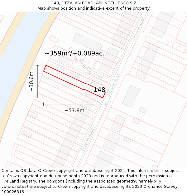 148, FITZALAN ROAD, ARUNDEL, BN18 9JZ: Plot and title map