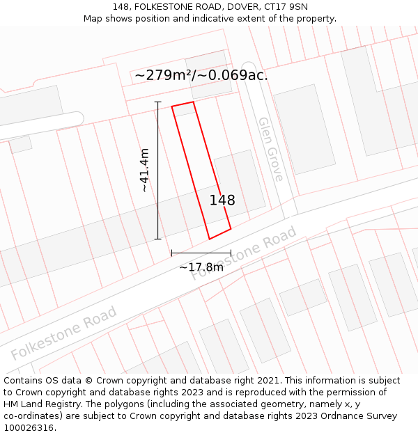 148, FOLKESTONE ROAD, DOVER, CT17 9SN: Plot and title map