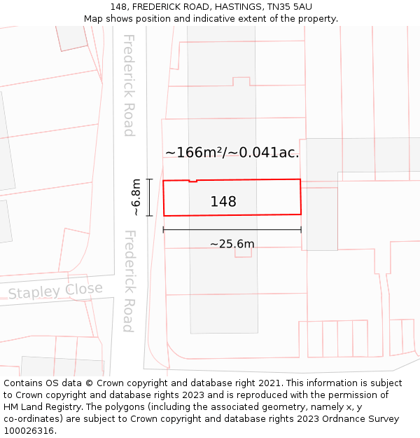 148, FREDERICK ROAD, HASTINGS, TN35 5AU: Plot and title map