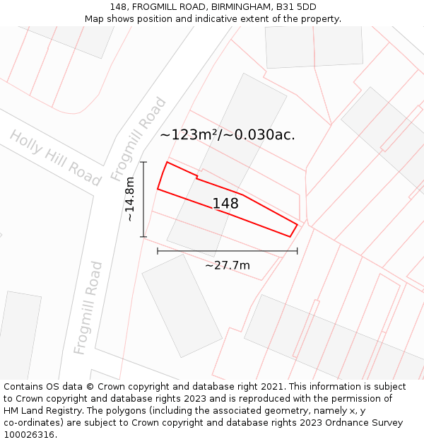 148, FROGMILL ROAD, BIRMINGHAM, B31 5DD: Plot and title map