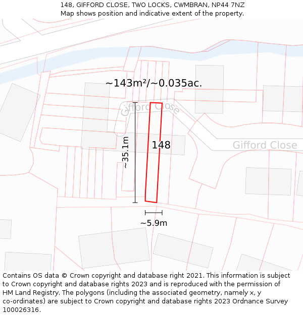 148, GIFFORD CLOSE, TWO LOCKS, CWMBRAN, NP44 7NZ: Plot and title map