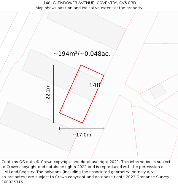 148, GLENDOWER AVENUE, COVENTRY, CV5 8BB: Plot and title map