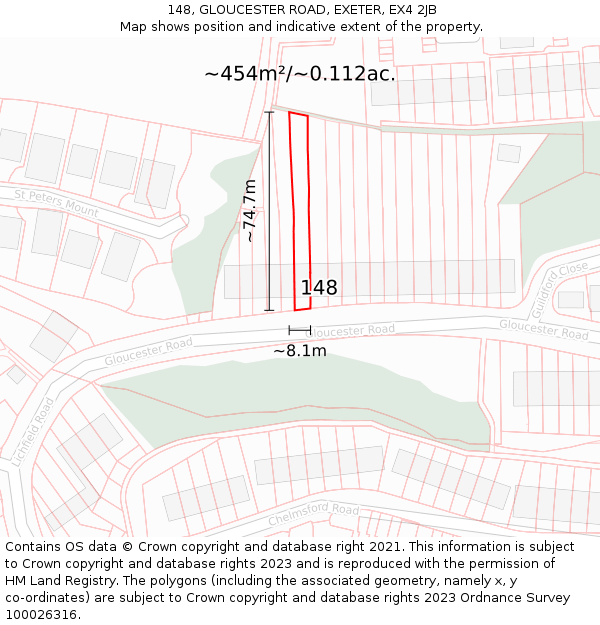 148, GLOUCESTER ROAD, EXETER, EX4 2JB: Plot and title map