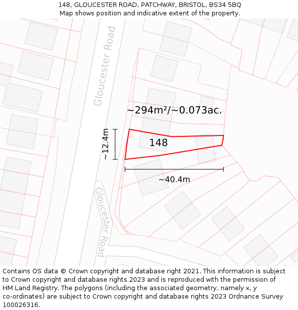 148, GLOUCESTER ROAD, PATCHWAY, BRISTOL, BS34 5BQ: Plot and title map