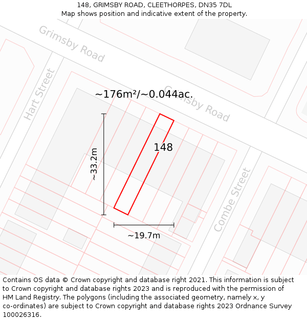148, GRIMSBY ROAD, CLEETHORPES, DN35 7DL: Plot and title map
