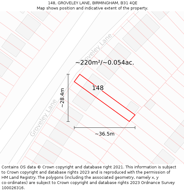 148, GROVELEY LANE, BIRMINGHAM, B31 4QE: Plot and title map