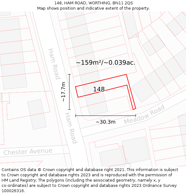 148, HAM ROAD, WORTHING, BN11 2QS: Plot and title map