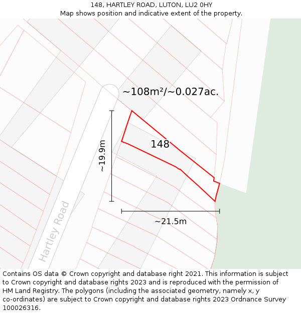 148, HARTLEY ROAD, LUTON, LU2 0HY: Plot and title map