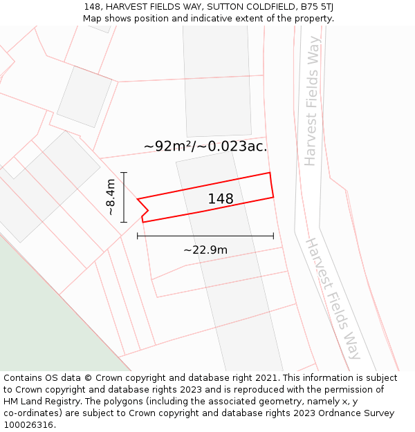 148, HARVEST FIELDS WAY, SUTTON COLDFIELD, B75 5TJ: Plot and title map