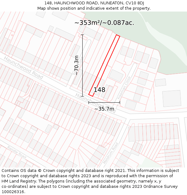 148, HAUNCHWOOD ROAD, NUNEATON, CV10 8DJ: Plot and title map