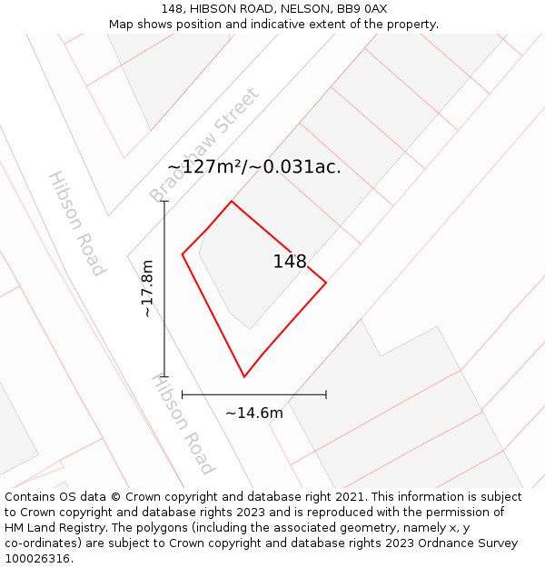 148, HIBSON ROAD, NELSON, BB9 0AX: Plot and title map