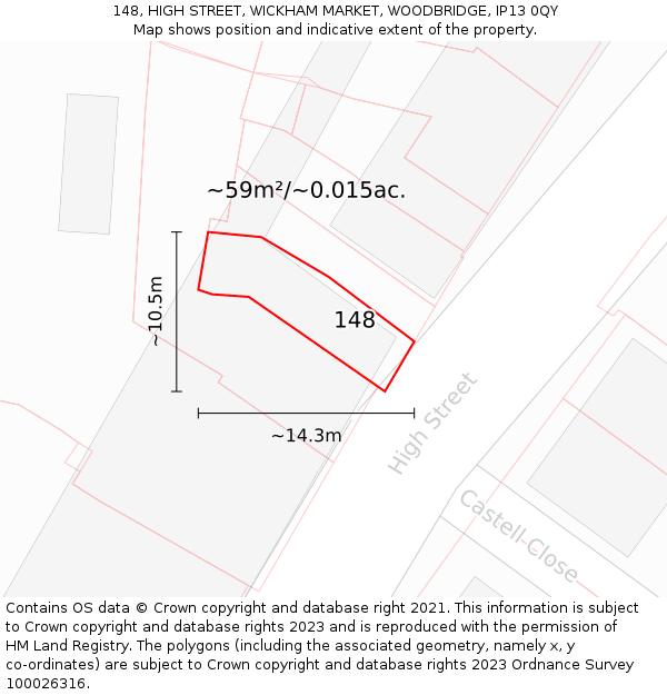 148, HIGH STREET, WICKHAM MARKET, WOODBRIDGE, IP13 0QY: Plot and title map
