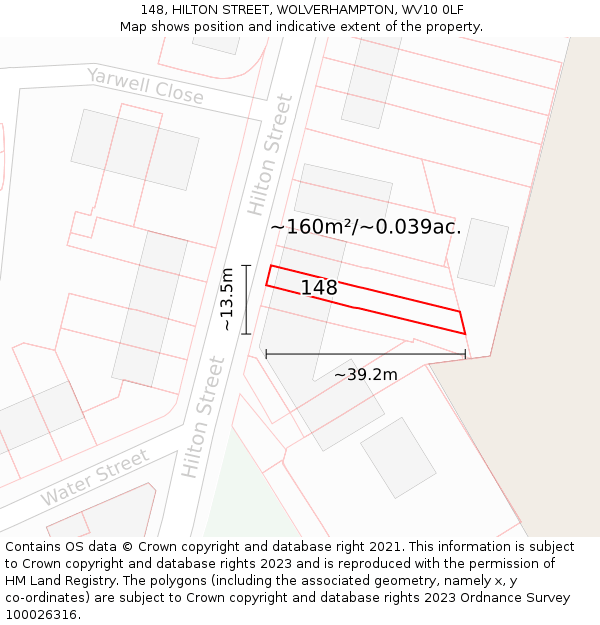 148, HILTON STREET, WOLVERHAMPTON, WV10 0LF: Plot and title map