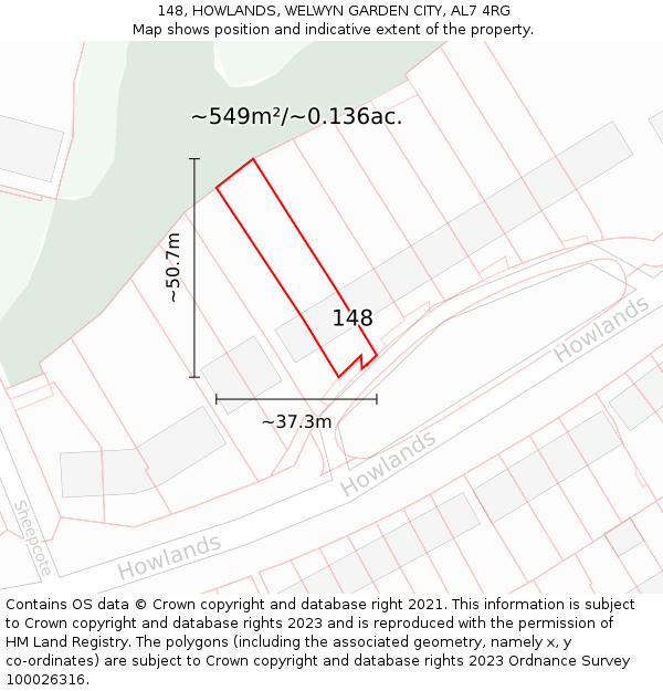 148, HOWLANDS, WELWYN GARDEN CITY, AL7 4RG: Plot and title map