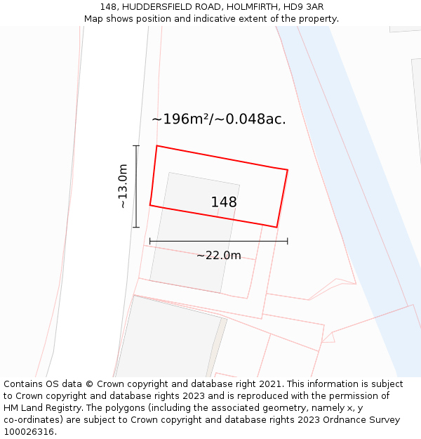 148, HUDDERSFIELD ROAD, HOLMFIRTH, HD9 3AR: Plot and title map