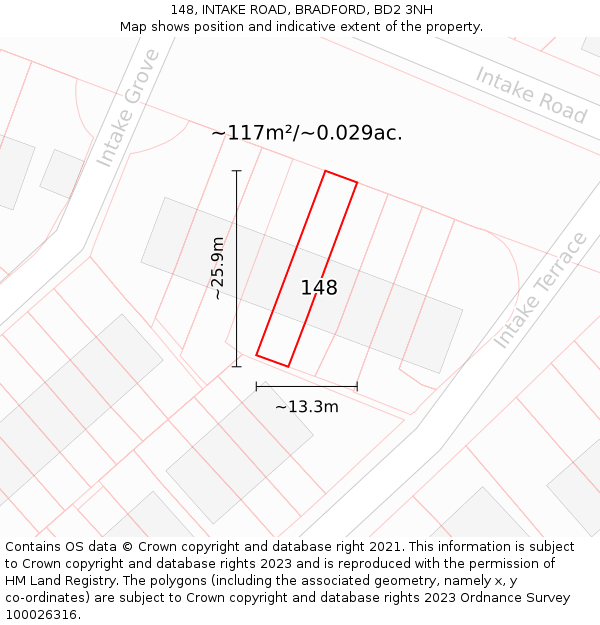 148, INTAKE ROAD, BRADFORD, BD2 3NH: Plot and title map