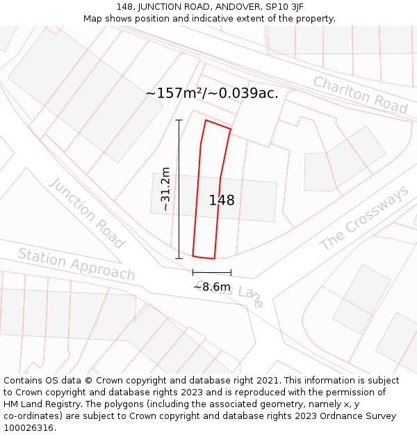 148, JUNCTION ROAD, ANDOVER, SP10 3JF: Plot and title map