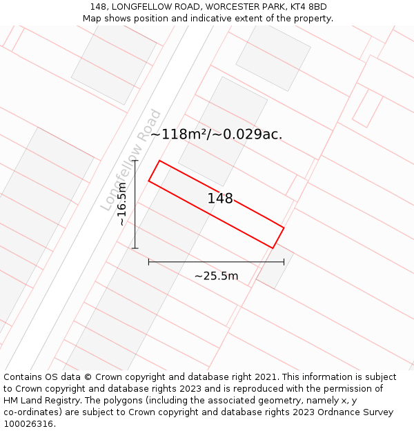 148, LONGFELLOW ROAD, WORCESTER PARK, KT4 8BD: Plot and title map