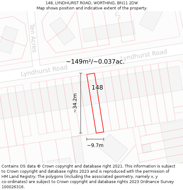 148, LYNDHURST ROAD, WORTHING, BN11 2DW: Plot and title map