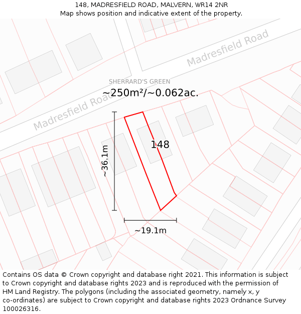 148, MADRESFIELD ROAD, MALVERN, WR14 2NR: Plot and title map