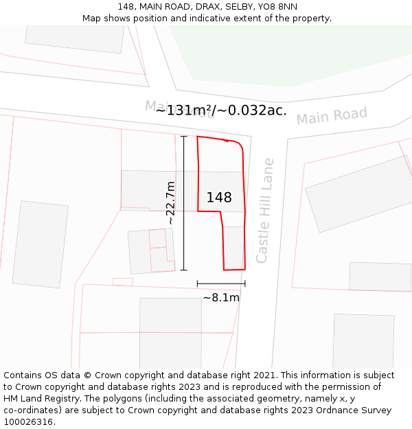 148, MAIN ROAD, DRAX, SELBY, YO8 8NN: Plot and title map