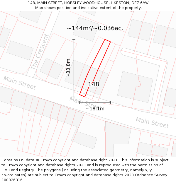 148, MAIN STREET, HORSLEY WOODHOUSE, ILKESTON, DE7 6AW: Plot and title map