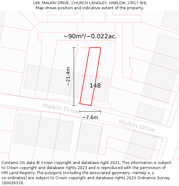 148, MALKIN DRIVE, CHURCH LANGLEY, HARLOW, CM17 9HL: Plot and title map