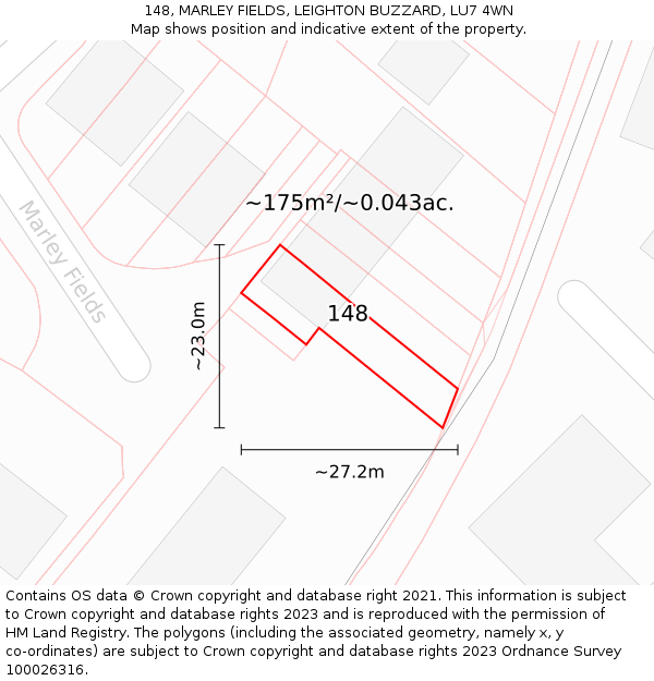 148, MARLEY FIELDS, LEIGHTON BUZZARD, LU7 4WN: Plot and title map