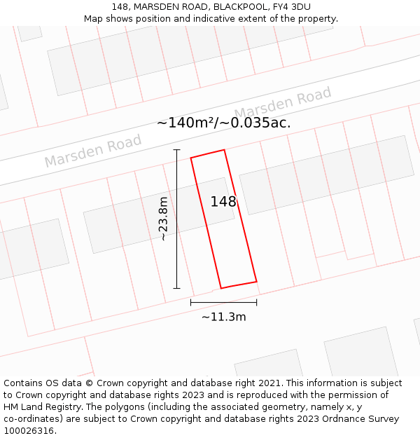 148, MARSDEN ROAD, BLACKPOOL, FY4 3DU: Plot and title map