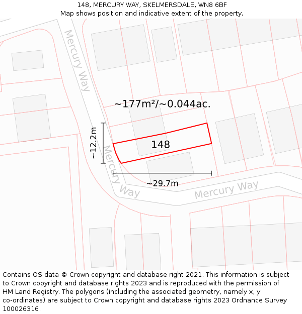 148, MERCURY WAY, SKELMERSDALE, WN8 6BF: Plot and title map