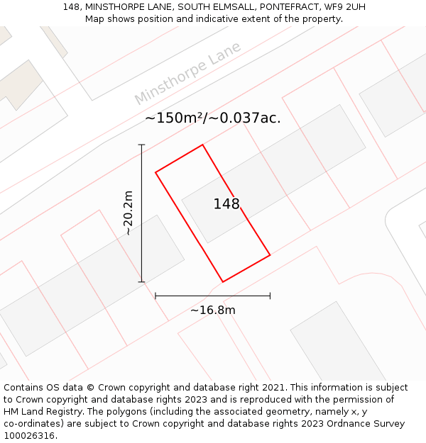 148, MINSTHORPE LANE, SOUTH ELMSALL, PONTEFRACT, WF9 2UH: Plot and title map
