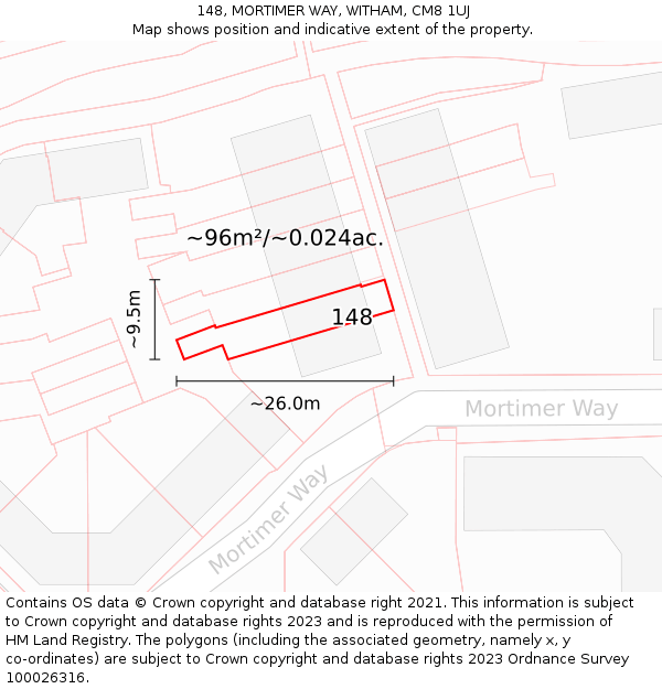 148, MORTIMER WAY, WITHAM, CM8 1UJ: Plot and title map