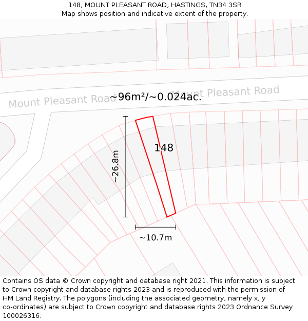 148, MOUNT PLEASANT ROAD, HASTINGS, TN34 3SR: Plot and title map