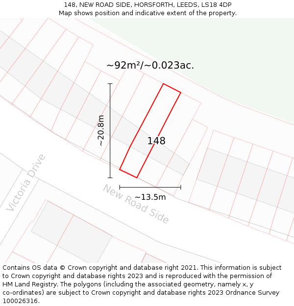 148, NEW ROAD SIDE, HORSFORTH, LEEDS, LS18 4DP: Plot and title map