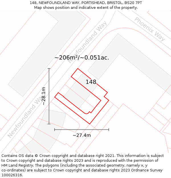 148, NEWFOUNDLAND WAY, PORTISHEAD, BRISTOL, BS20 7PT: Plot and title map