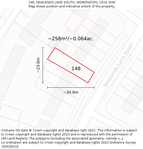 148, NEWLANDS LANE SOUTH, WORKINGTON, CA14 3NW: Plot and title map