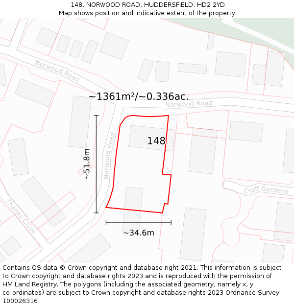 148, NORWOOD ROAD, HUDDERSFIELD, HD2 2YD: Plot and title map