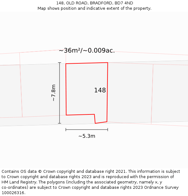 148, OLD ROAD, BRADFORD, BD7 4ND: Plot and title map