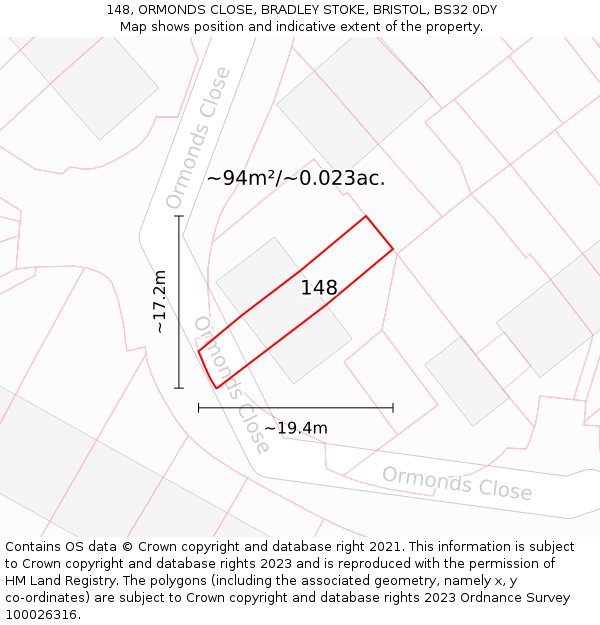 148, ORMONDS CLOSE, BRADLEY STOKE, BRISTOL, BS32 0DY: Plot and title map