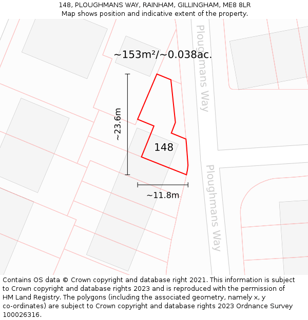 148, PLOUGHMANS WAY, RAINHAM, GILLINGHAM, ME8 8LR: Plot and title map