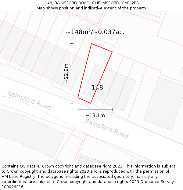 148, RAINSFORD ROAD, CHELMSFORD, CM1 2PD: Plot and title map