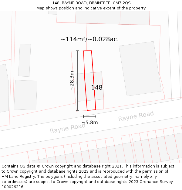 148, RAYNE ROAD, BRAINTREE, CM7 2QS: Plot and title map