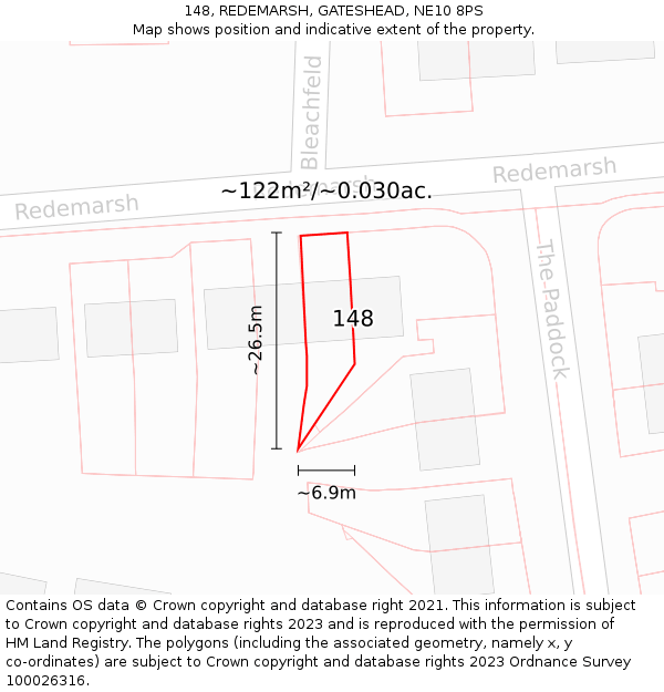 148, REDEMARSH, GATESHEAD, NE10 8PS: Plot and title map
