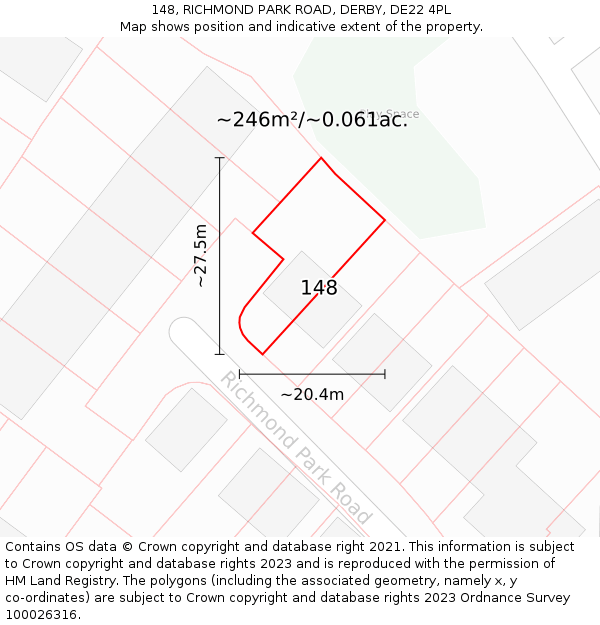 148, RICHMOND PARK ROAD, DERBY, DE22 4PL: Plot and title map
