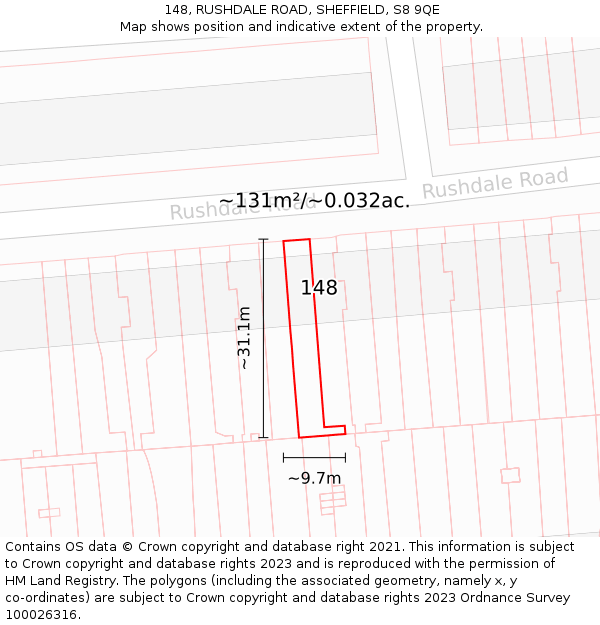 148, RUSHDALE ROAD, SHEFFIELD, S8 9QE: Plot and title map
