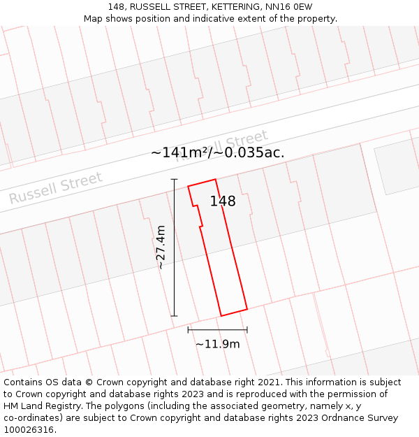 148, RUSSELL STREET, KETTERING, NN16 0EW: Plot and title map