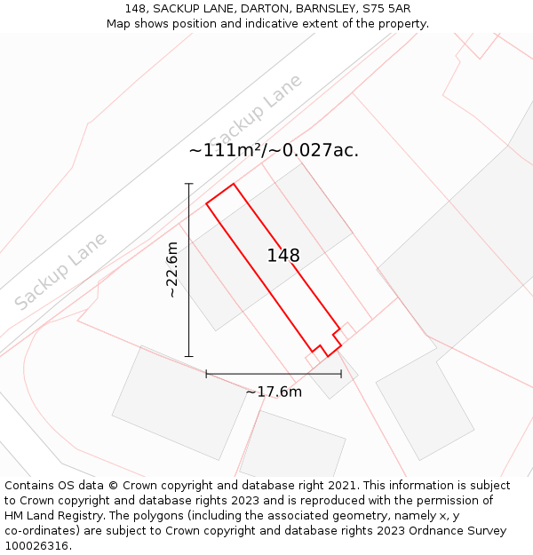 148, SACKUP LANE, DARTON, BARNSLEY, S75 5AR: Plot and title map